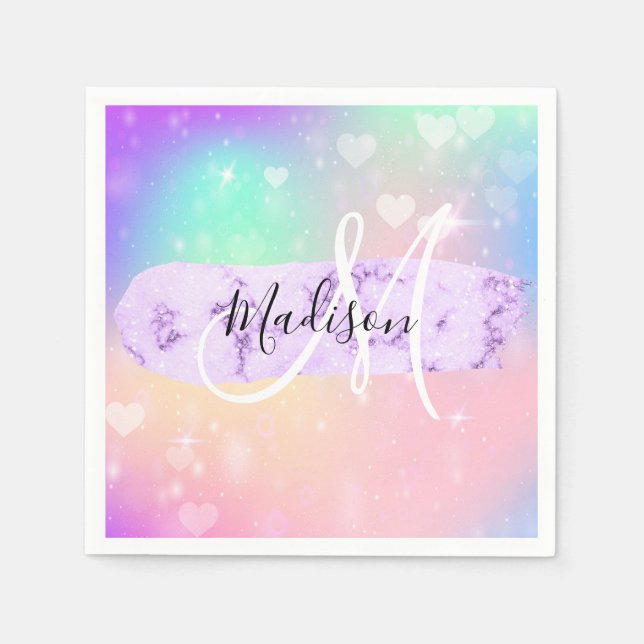 Girly Colorful Unicorn Rainbow Hearts Monogram Serviette (Vorderseite)