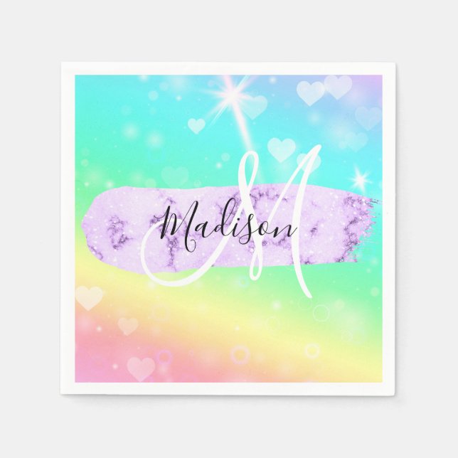 Girly Colorful Unicorn Rainbow Hearts Monogram Serviette (Vorderseite)