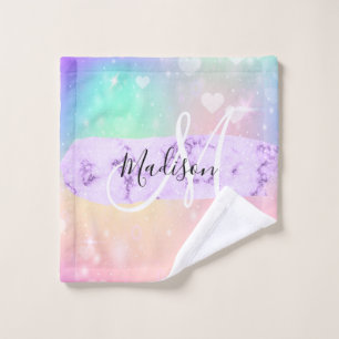 Girly Colorful Unicorn Rainbow Hearts Monogram Waschlappen