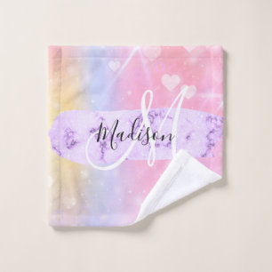 Girly Colorful Unicorn Rainbow Hearts Monogram Waschlappen