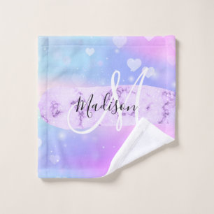 Girly Colorful Unicorn Rainbow Hearts Monogram Waschlappen