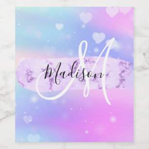 Girly Colorful Unicorn Rainbow Hearts Monogram Weinetikett