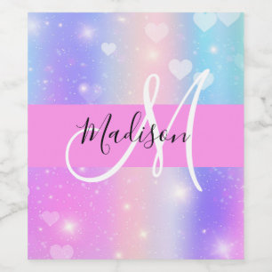 Girly Colorful Unicorn Rainbow Hearts Monogram Weinetikett