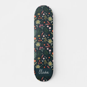 Girly & Cool Modern Navy Blue Botanic Blume Skateboard