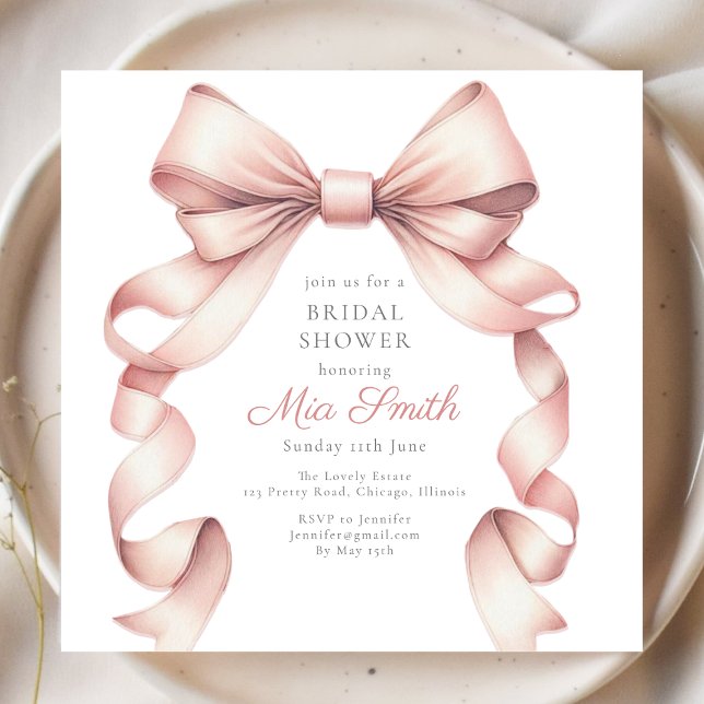 Girly Coquette Blush Wassercolor Bow Brautparty Einladung (Elegant pink bow bridal shower invitation honoring the bride to be. Customize for a chic celebration)