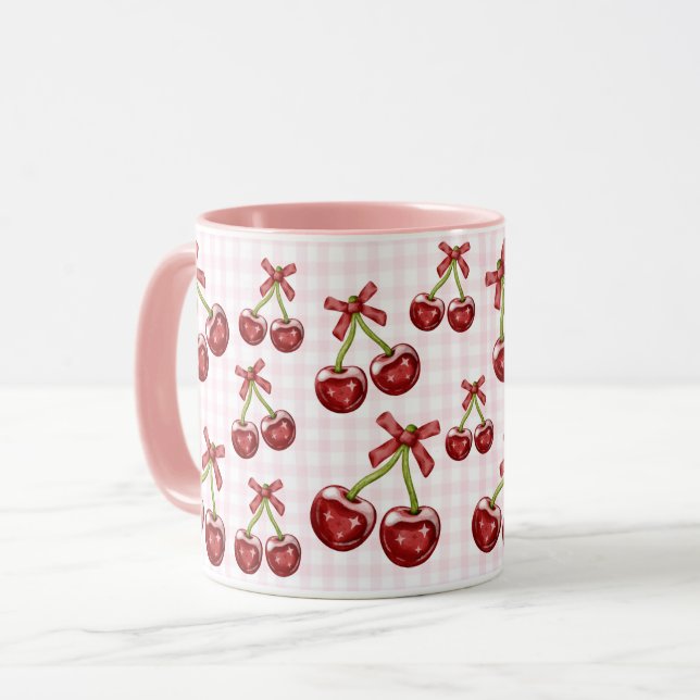Girly Coquette Pink Gingham Red Cherry Tasse (Vorderseite Links)