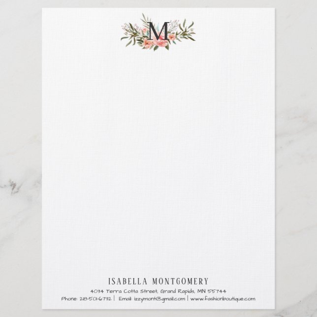Girly Coral Floral Watercolor Boho | Monogramm Briefbogen (Vorderseite)