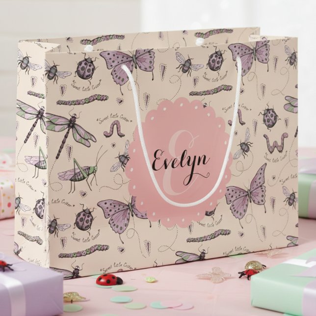 Girly Cream Blush Pink Sweet Little Critter Custom Große Geschenktüte (Cute Insects & Beetles Pink Gift Bags. Colorful Bugs Gift Wrap for Girl Baby Shower & Birthday Party)