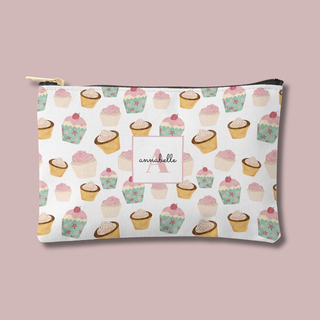 Girly Cupcake Monogramm Zubehörtasche (Cupcake zipper pouch for cosmetic bag or accessories)