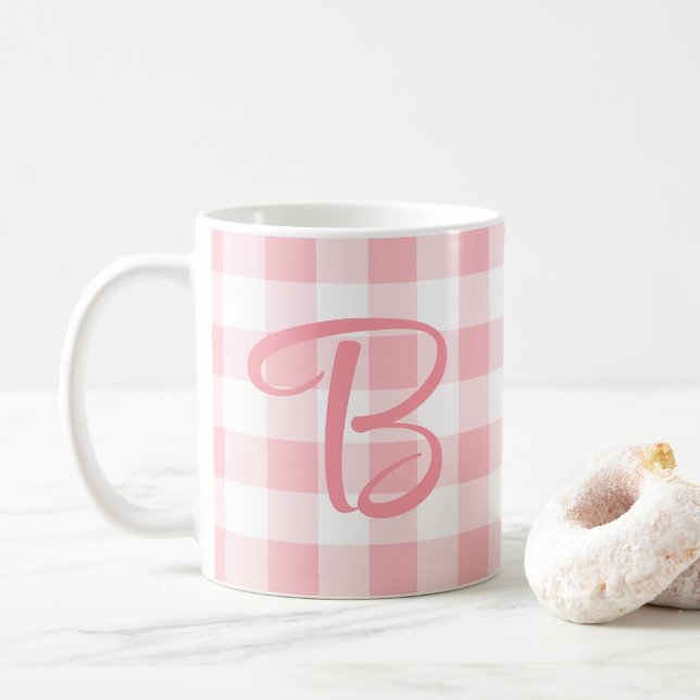 Girly Custom Monogram Tasse | Kariert rosa (Mit Donut)