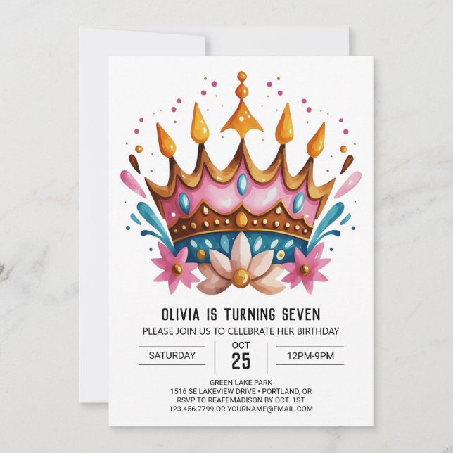 Girly Custom Princess Crown Geburtstag Einladung (Vorderseite)