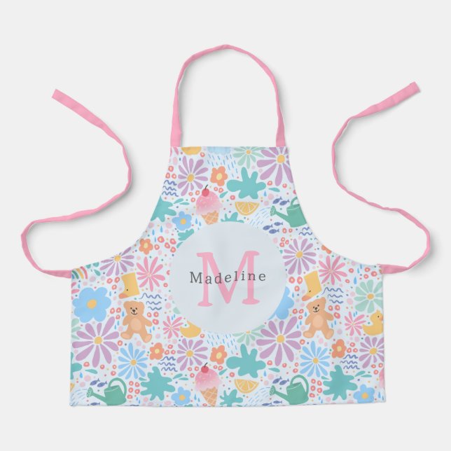 Girly Cute Floral Pink Rainbow Monogram Schürze (Vorderseite)