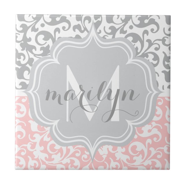 Girly Damask Wirbel Rosa und Grau Mit Monogramm Fliese (Vorderseite)