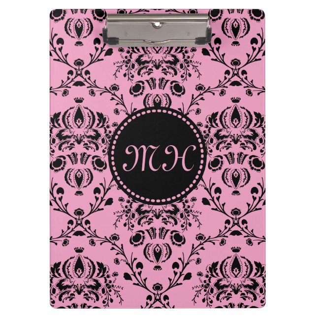 Girly Damast-mit Monogramm elegantes nobles rosa Klemmbrett (Vorderseite)