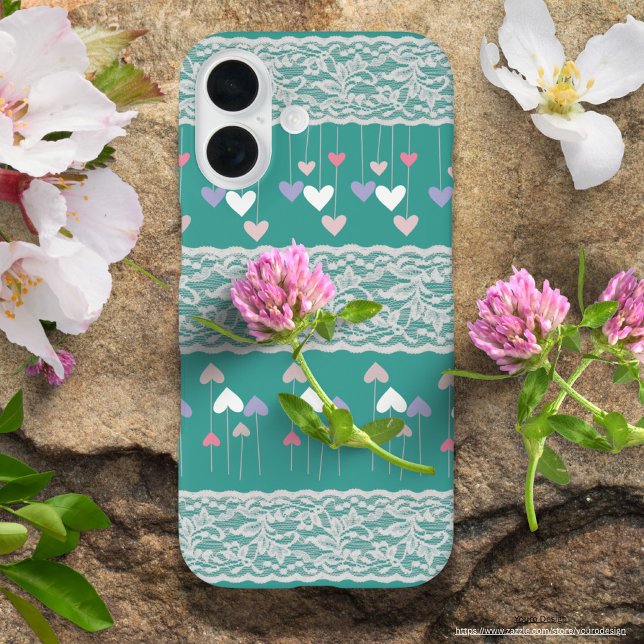 Girly dekorierte Herzmuster mit Spitzen Türkis Case-Mate iPhone Hülle (Von Creator hochgeladen)