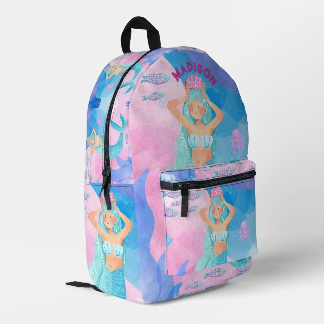 Girly design featuring cute mermaid pink and blue bedruckter rucksack (Rückseitige Ecke links)