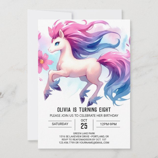 Girly Digital Horse Geburtstag Einladung (Vorderseite)