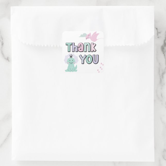Girly Dinosaur A-Roar-able Birthday Thank You  Quadratischer Aufkleber (Tasche)