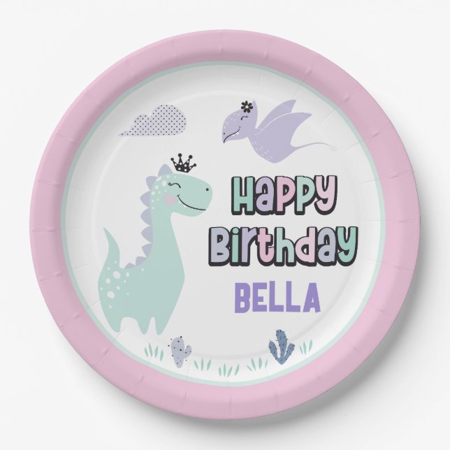 Girly Dinosaur A-Roar-able Happy Birthday Pappteller (Vorderseite)