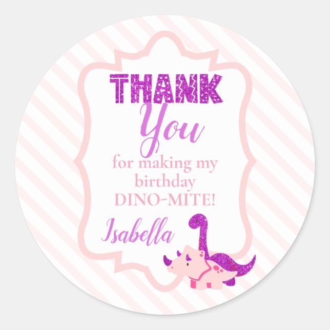 Girly Dinosaur Pink Danke Runder Aufkleber (Vorderseite)