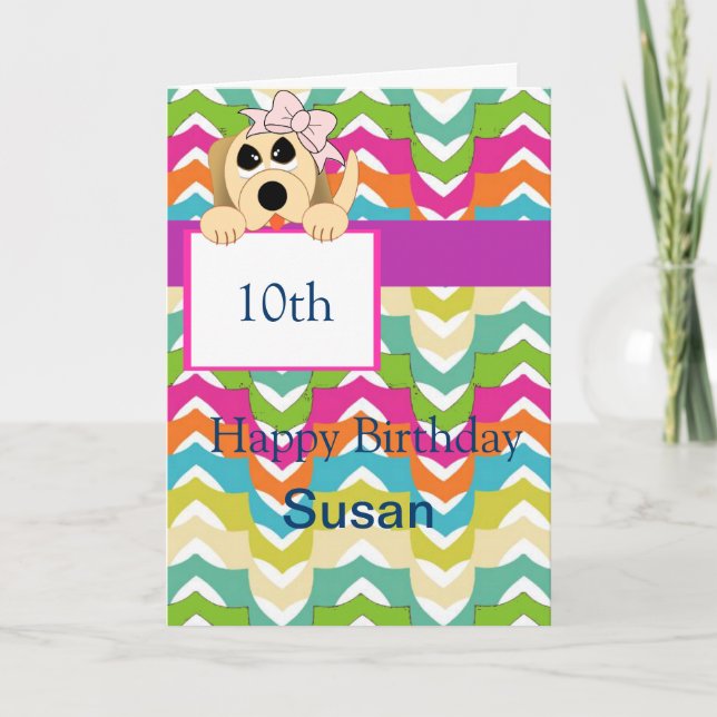 Girly Dog mit Bow & Birthday Banner Karte (Vorderseite)