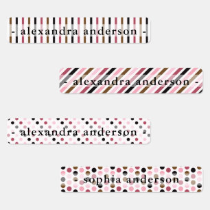 Girly Dots und Streifen Burgunder Kinder Name Etiketten