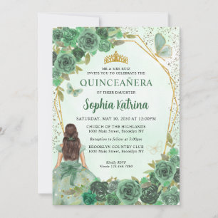 Girly Dusty Green Gold Floral Princess Quinceañera Einladung