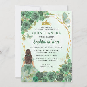 Girly Dusty Green Gold Floral Princess Quinceañera Einladung