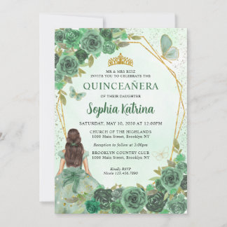 Girly Dusty Green Gold Floral Princess Quinceañera Einladung