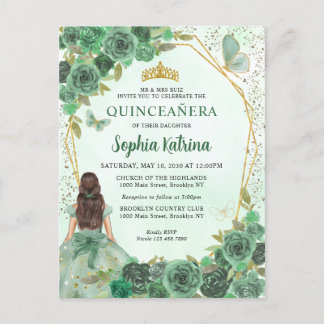 Girly Dusty Green Gold Floral Princess Quinceañera Einladungspostkarte
