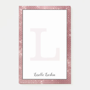 Girly Dusty Rose Gold Glam Diamond Monogram Name Post-it Klebezettel