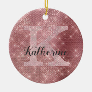 Girly Dusty Rose Gold Glam Sparkle Monogram Name Keramik Ornament