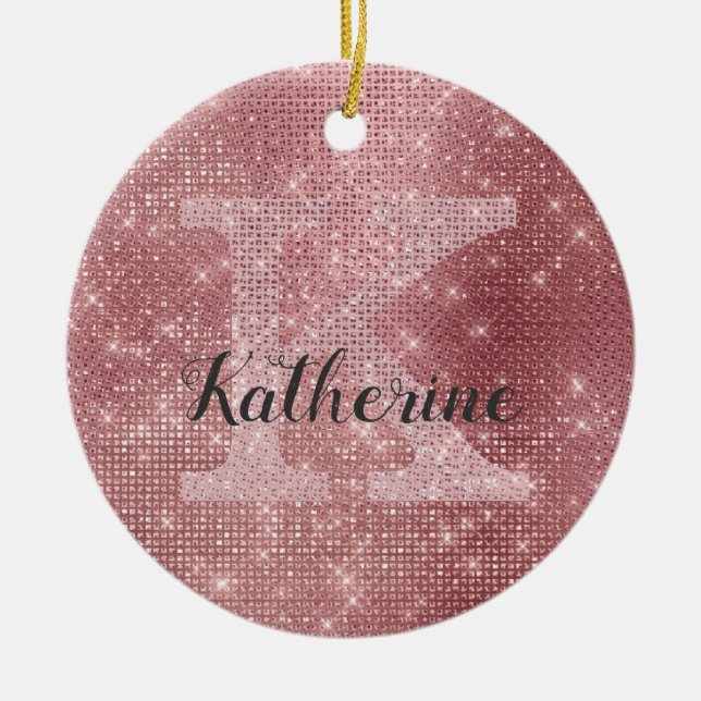 Girly Dusty Rose Gold Glam Sparkle Monogram Name Keramik Ornament (Vorne)
