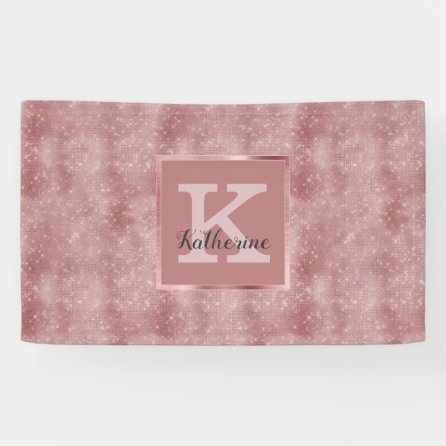 Girly Dusty Rose Gold Glam Sparkone Monogramm Name Banner (Horizontal)