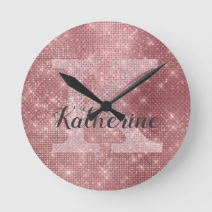 Girly Dusty Rose Gold Sparkle Glam Monogram Name Runde Wanduhr