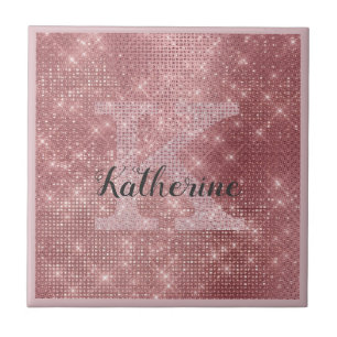 Girly Dusty Rose Gold Sparkle Glam Monogramm Name Fliese