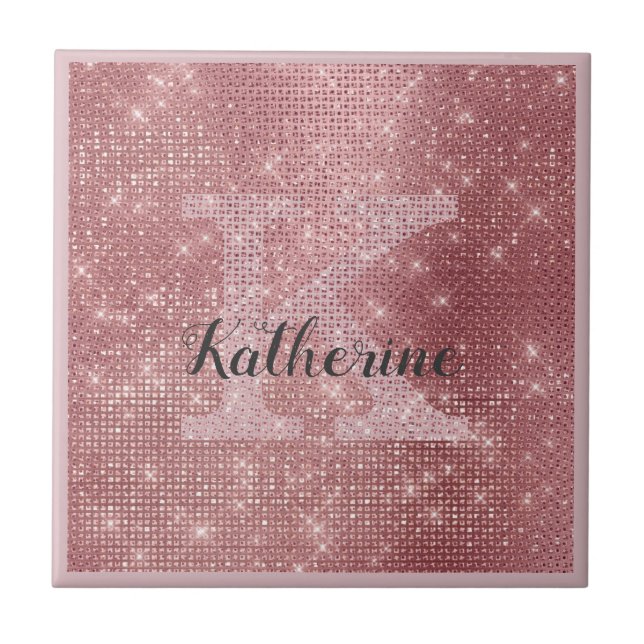 Girly Dusty Rose Gold Sparkle Glam Monogramm Name Fliese (Vorderseite)