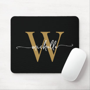 Girly Elegant Black Gold Monogram Name Script Mousepad