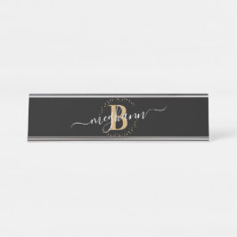 Girly Elegant Black Name Monogram Script Schreibtischnamensplakette