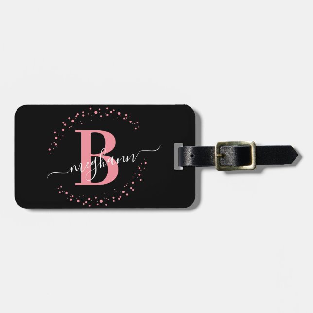Girly Elegant Black Pink Name Monogram Script Lugg Gepäckanhänger (Vorderseite horizontal)
