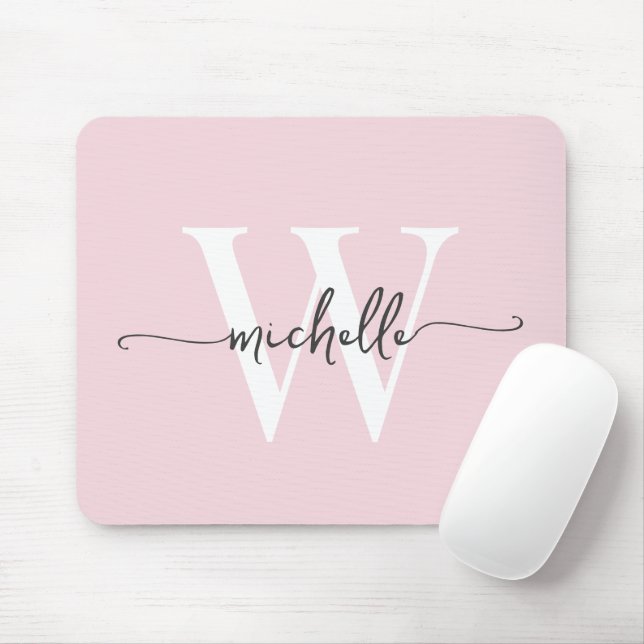 Girly Elegant Blush Pink Monogram Name Script Mousepad (Mit Mouse)