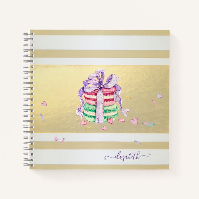 Girly Elegant Gold Stripes Macarons Notizbuch (Vorderseite)