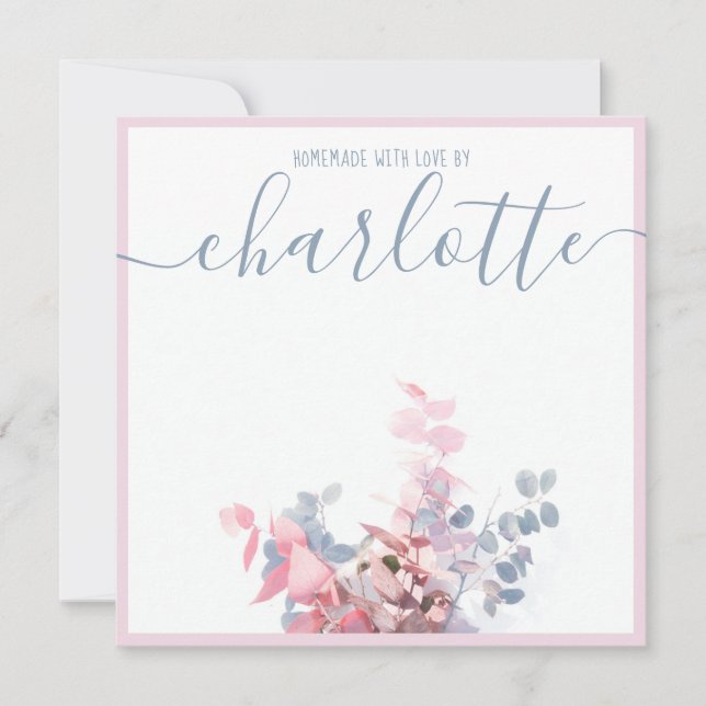 Girly Elegant Minimalistisch Floral Blue Pink Name Mitteilungskarte (Vorderseite)