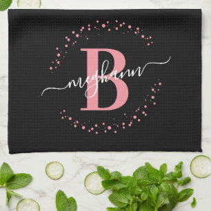Girly Elegant Pink Black Name Monogram Script Kitc Geschirrtuch