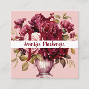 Girly Elegant Pink Burgundy Rote Rosen Quadratische Visitenkarte