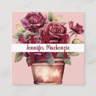 Girly Elegant Pink Burgundy Rote Rosen Quadratische Visitenkarte