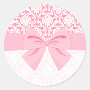 Girly Elegant Pink Damask Wrap Bow Runder Aufkleber