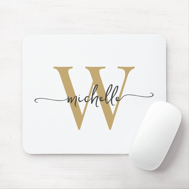 Girly Elegant White Gold Monogram Name Script Mousepad (Mit Mouse)