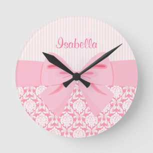 Girly eleganter rosa Damast-Verpackungs-Bogen Runde Wanduhr