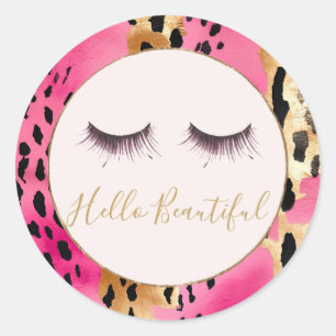 Girly Eyelashes Pink Glam Gold Leopard Runder Aufkleber